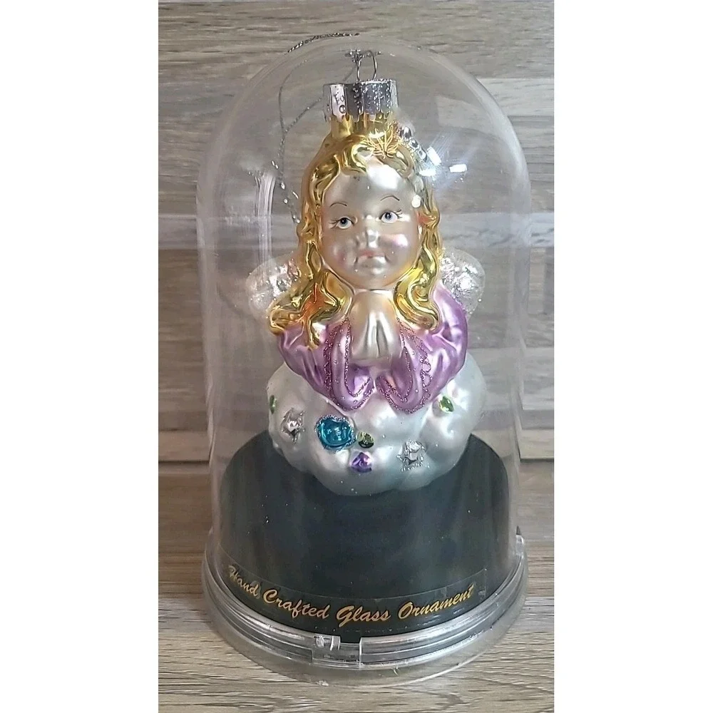 Unique Treasures Hand Blown Glass Christmas Ornament Angel w/ Blonde Hair‎ Case